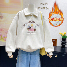 批发官图特价加绒<b class='q'>卫衣</b>女装秋冬新款宽松卡通刺绣花POLO领保暖韩版上衣