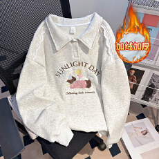 批发实拍特价加绒卫衣女装秋冬新款蕾丝宽松卡通刺绣花POLO领保暖上衣