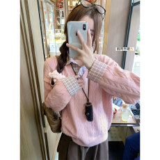 批发官图特价绵<b class='q'>羊绒</b><b class='q'>毛衣</b>女装秋冬宽松格子假两件衬衫领保暖针织衫上衣