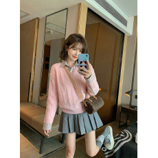 批发官图特价绵<b class='q'>羊绒</b><b class='q'>毛衣</b>女装秋冬宽松格子假两件衬衫领保暖针织衫上衣