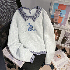 批发实拍特价薄款卫衣女装春秋新款假两件短款宽松刺绣格子POLO领上衣