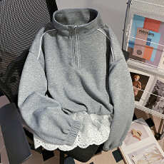 批发实拍特价薄款<b class='q'>卫衣</b>女春秋薄<b class='q'>拉链</b>新款蕾丝假两件宽松纯色立领上衣