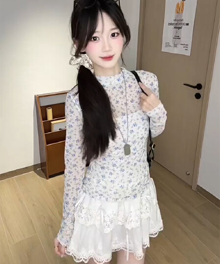 긴팔 티셔츠 여성 의류 봄 가을 얇은 스타일 새로운 한 부서 반하이넥 꽃무늬 몸매 가꾸기 기본 셔츠 맨위