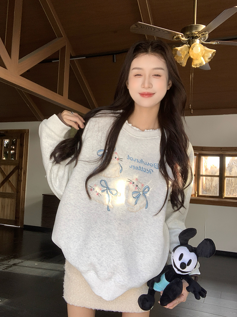 실사 특별 가격 긴팔 티셔츠 후드티 여성 2026 봄 가을 새로운 얇은 페이크 레이어드 루즈핏 가시 자수 라운드 넥 맨위