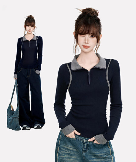 경관 그림 1 1 모달 260 그램 긴팔 티셔츠 여성 의류 봄 가을 새로운 페이크 레이어드 지퍼 POLO 칼라 기본 셔츠