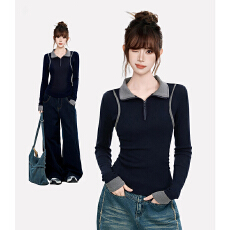 批发官图1*1<b class='q'>莫代尔</b>260克长袖<b class='q'>t</b><b class='q'>恤</b>女装春秋新款假两件拉链POLO领打底衫