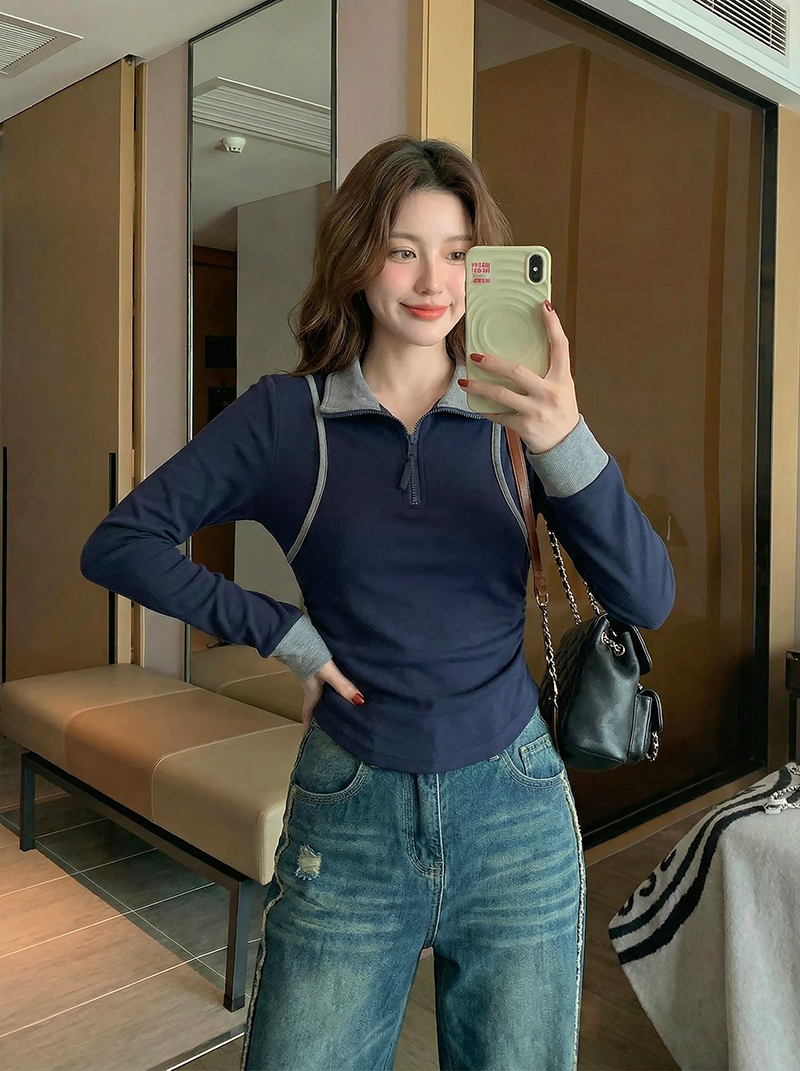 BY355671# 长袖t恤女装春秋新款假两件拉链POLO领打底衫 服裝批發女裝批發服飾貨源