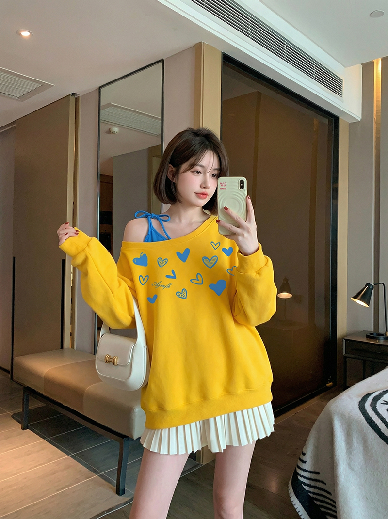 얇은 스타일 후드티 여성 의류 봄 가을 새로운 트렌디 패치워크 페이크 레이어드 하트 프린트 슬립 비스듬한 칼라 맨위