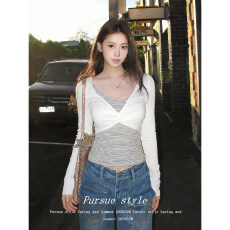 批发官图特价精品羊绒260克长袖t恤<b class='q'>女</b>装春秋美式条纹扭结假两件打底衫