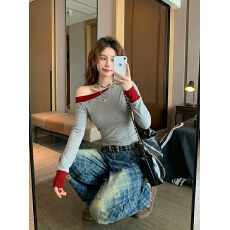 官图特价1*1螺纹210克长袖t恤女装春秋铆钉假两件露肩打底衫上衣