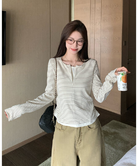 경관 그림 특별 가격 250그램 스트라이프 긴팔 티셔츠 여성 의류 봄 가을 한 부서 레트로 인사이드 가져 가라. 페이크 레이어드 기본 셔츠 맨위