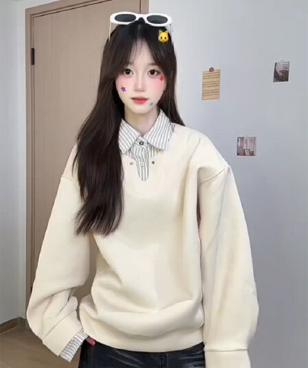 경관 그림 특별 가격 얇은 스타일 조수 브랜드 남녀 커플 후드티 봄 가을 새로운 패치워크 페이크 레이어드 스트라이프 셔츠 칼라 맨위