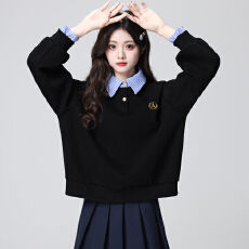 批发官图特价薄款卫衣女刺绣花春秋新款韩系拼接宽松假两件衬衫领上衣