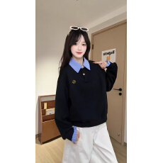 批发官图特价薄款卫衣女刺绣花春秋新款韩系拼接宽松假两件衬衫领上衣