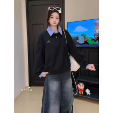 批发官图特价薄款卫衣女刺绣花春秋新款韩系拼接宽松假两件衬衫领上衣