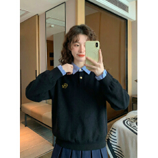 批发官图特价薄款卫衣女刺绣花春秋新款韩系拼接宽松假两件衬衫领上衣