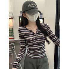 批发官图特价法国绒170克<b class='q'>长袖</b><b class='q'>t</b><b class='q'>恤</b>女装春秋新款薄款复古<b class='q'>条纹</b>圆领打底衫