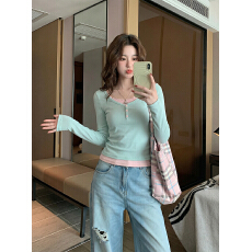 批发官图特价羊多莉羊绒260克长袖t恤<b class='q'>女</b>春秋新款假两件蕾丝花边打底衫