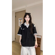 批发270克华夫格短袖<b class='q'>t</b><b class='q'>恤</b>男女情侣夏新款拼接假两件POLO领上衣