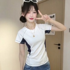 批发光版10件起拿潮牌短袖t恤女装夏季插色明线装饰圆领上衣