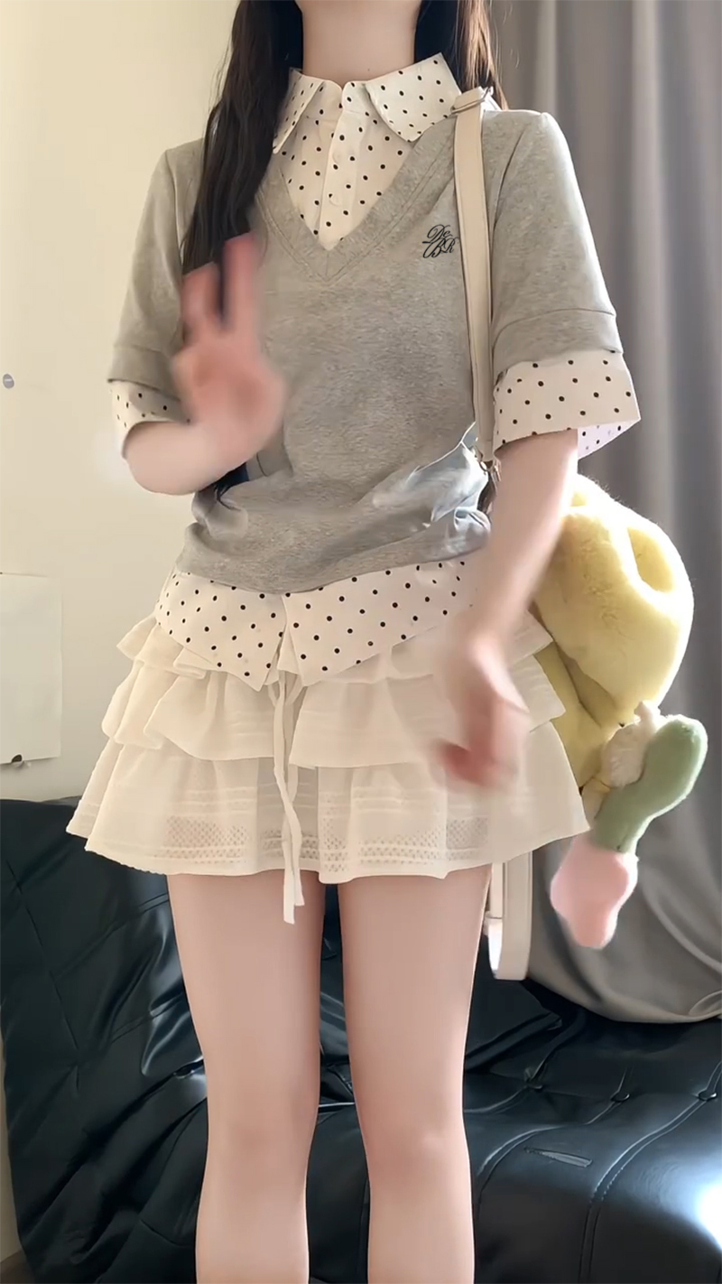 경관 그림 특별 가격 1 1 순면 리브 210 그램 반팔 티셔츠 여성 여름 새로운 도트 무늬 자수 페이크 레이어드 맨위