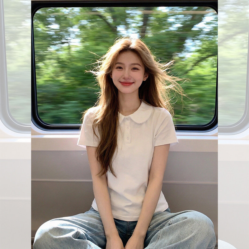 경관 그림 1 1 리브 220 그램 반팔 티셔츠 여성 의류 여름 새로운 단색 몸매 가꾸기 슬림해 보이는 베이비 칼라 맨위