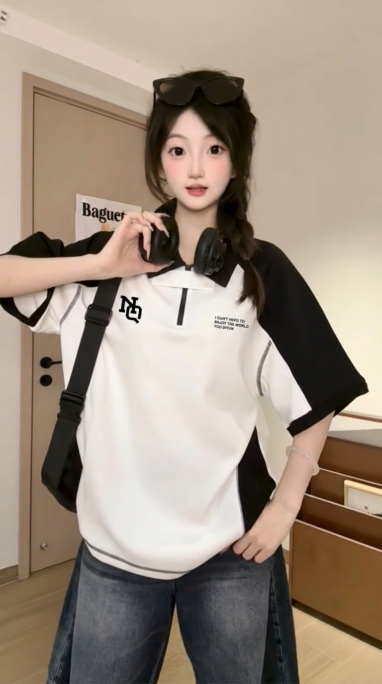 220 그램 순면 반팔 티셔츠 여성 의류 여름 새로운 한 부서 루즈핏 배색 지퍼 POLO 칼라 맨위
