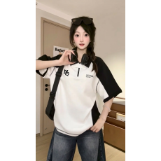 批发220克纯棉短袖<b class='q'>t</b><b class='q'>恤</b>女装夏新款韩系宽松撞色拉链POLO领上衣