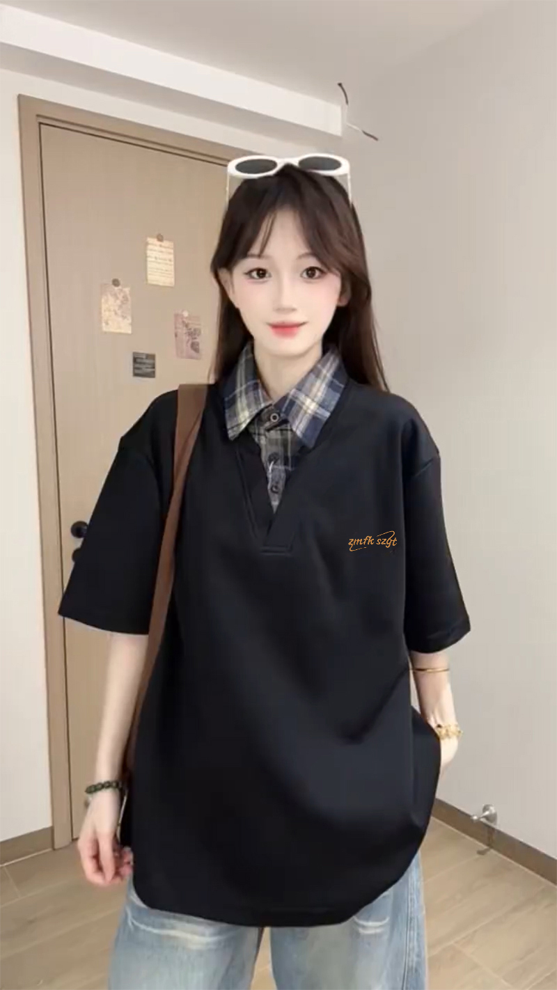 반팔 티셔츠 조수 브랜드 남녀 커플룩 여름 새로운 루즈핏 페이크 레이어드 자수 POLO 칼라 맨위