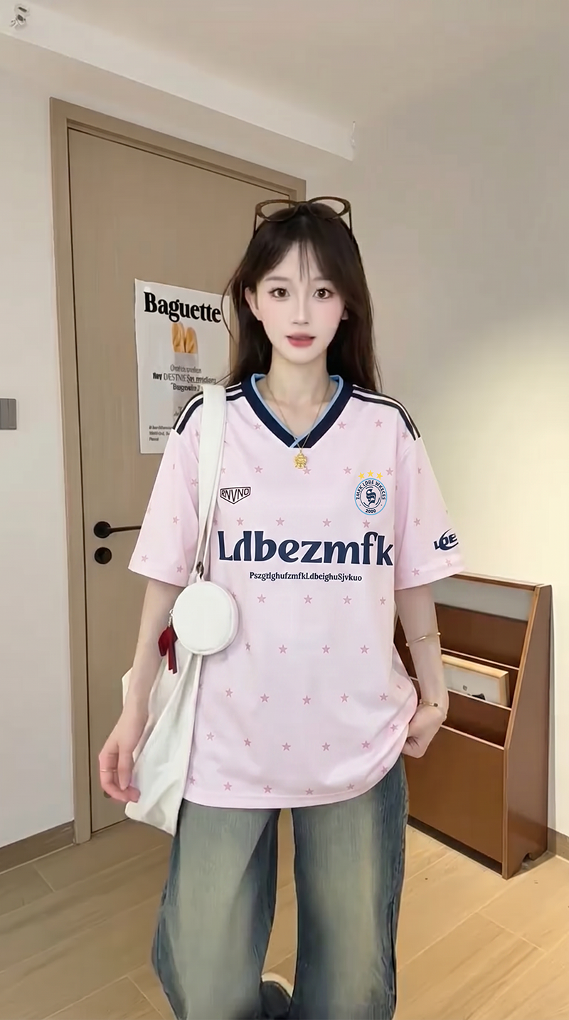 220 그램 순면 반팔 티셔츠 여성 의류 여름 새로운 트렌디 한 부서 루즈핏 배색 스트라이프 V넥 맨위
