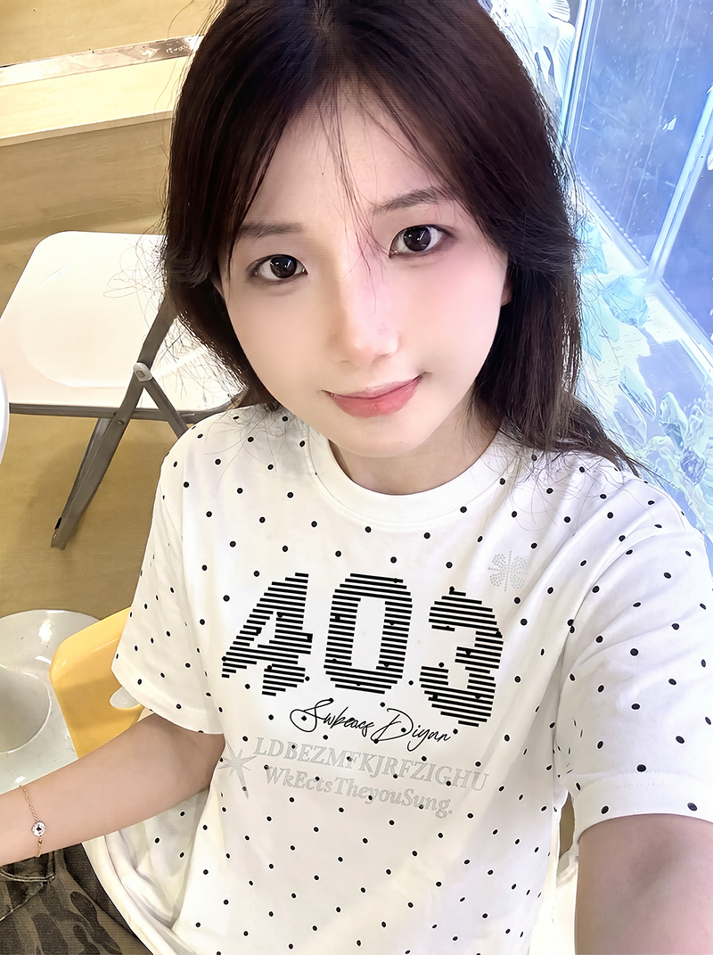 더블 실 순면 반팔 티셔츠 여성 의류 여름 새로운 트렌디 한 부서 긍정적 인 어깨 루즈핏 도트 무늬 라운드 넥 맨위