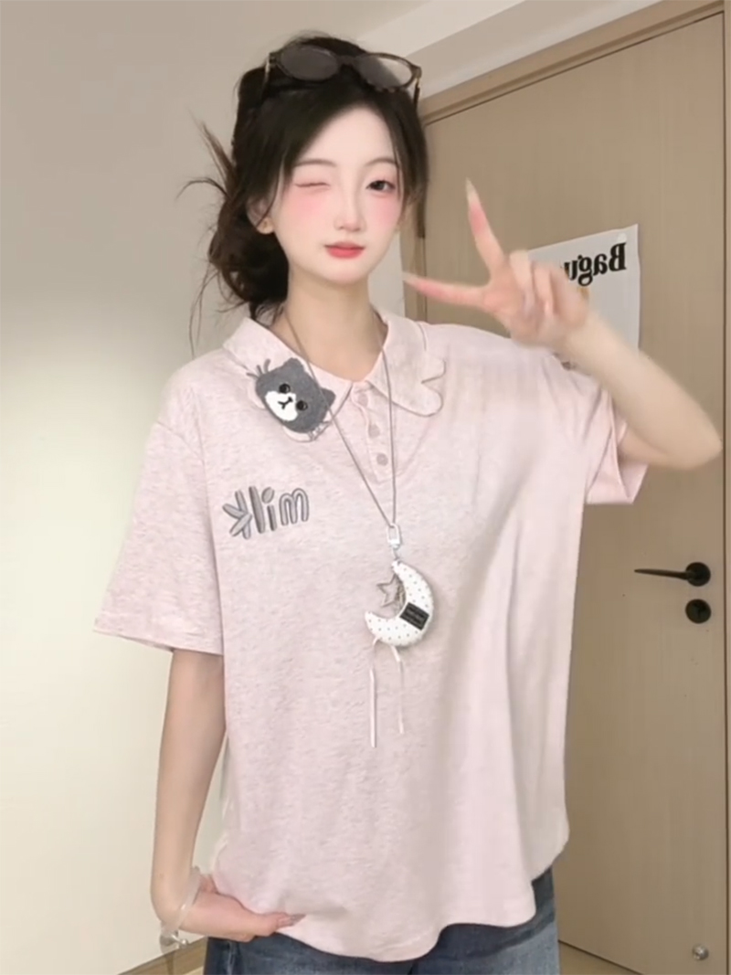 220 그램 양면 면 반팔 티셔츠 여성 의류 여름 새로운 트렌디 한 부서 루즈핏 자수 POLO 칼라 맨위
