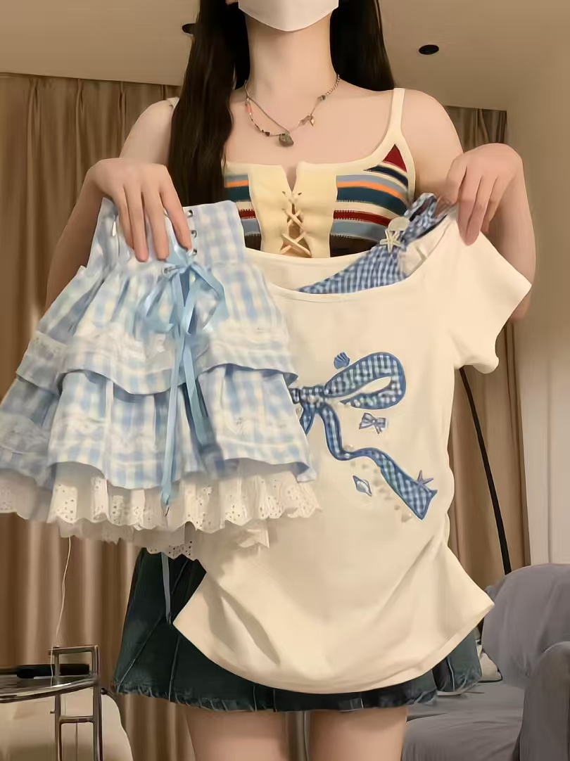 경관 그림 특별 가격 반팔 티셔츠 여성 의류 여름 새로운 트렌디 페이크 레이어드 비즈 자수 몸매 가꾸기 슬림해 보이는 비스듬한 칼라 맨위