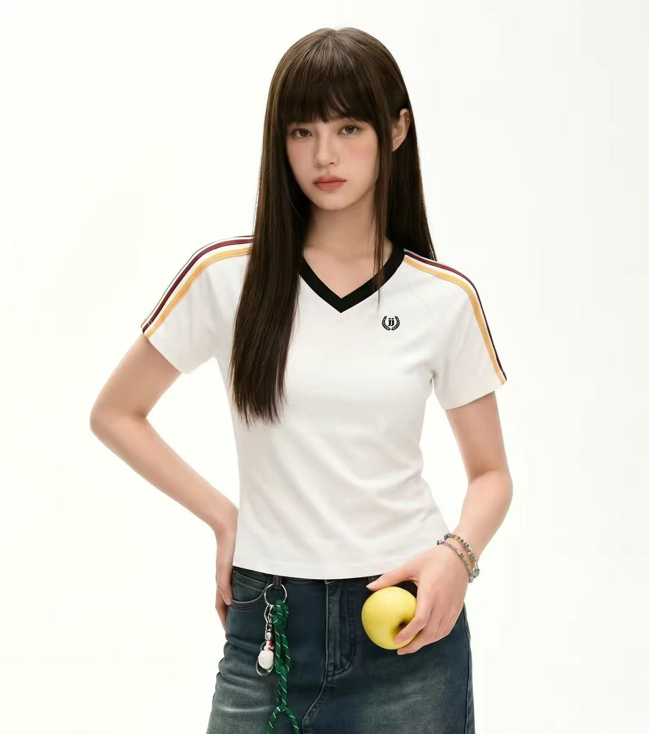 1 1 순면 리브 210 그램 반팔 티셔츠 여성 여름 새로운 디자인 센스 스트라이프 배색 V넥 맨위