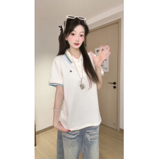 批发<b class='q'>韩国</b>雪花珠地210克短袖t恤女装夏新款刺绣条纹POLO领<b class='q'>上衣</b>