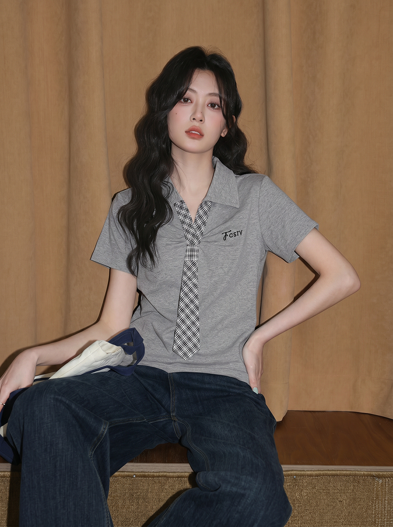 1 1 리브 210 그램 반팔 티셔츠 여성 여름 새로운 한 부서 디자인 센스 넥타이 POLO 칼라 맨위