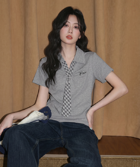 1 1 리브 210 그램 반팔 티셔츠 여성 여름 새로운 한 부서 디자인 센스 넥타이 POLO 칼라 맨위