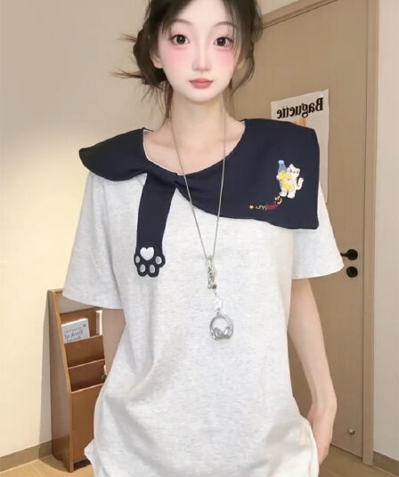 경관 그림 특별 가격 220 그램 순면 반팔 티셔츠 여성 의류 여름 가시 자수 루즈핏 한 부서 배색 베이비 칼라 맨위