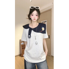 批发官图特价220克纯棉短袖t恤女装夏季刺绣花宽松韩系撞色<b class='q'>娃娃领</b><b class='q'>上衣</b>