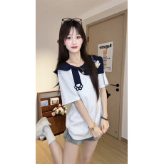 批发官图特价220克纯棉短袖t恤女装夏季刺绣花宽松韩系撞色<b class='q'>娃娃领</b><b class='q'>上衣</b>