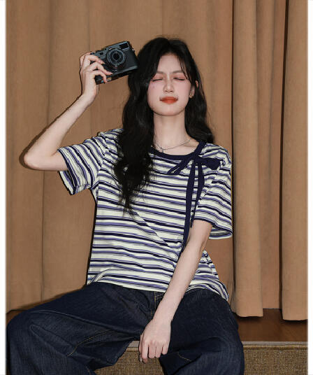 반팔 티셔츠 여성 의류 여름 루즈핏 한 부서 디자인 센스 아메리칸 스트라이프 스트랩 배색 비스듬한 칼라 맨위