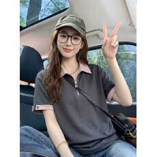 批发220克双色双面短袖t恤女夏新款设计感拉链撞色POLO领上衣