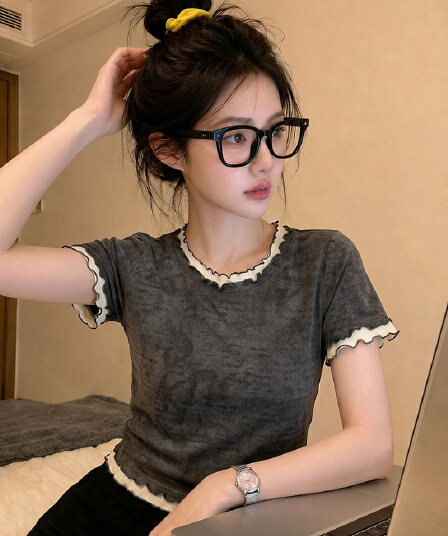 1 1 순면 리브 210 그램 반팔 티셔츠 여성 여름 쇼트 스타일 프릴 페이크 레이어드 라운드 넥 맨위