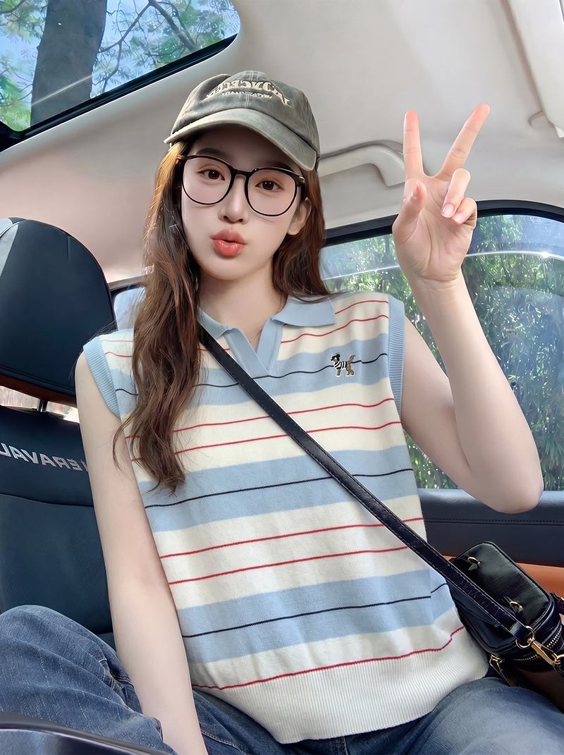 短袖t恤针织衫女装夏新款设计感韩系条纹刺绣POLO领上衣 服裝批發女裝批發服飾貨源