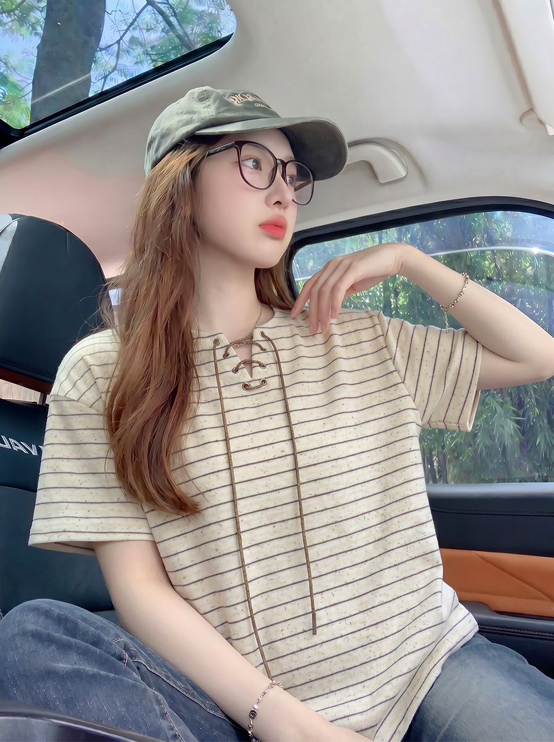 短袖t恤女装夏季新款韩系绑带美式条纹V领上衣 服裝批發女裝批發服飾貨源