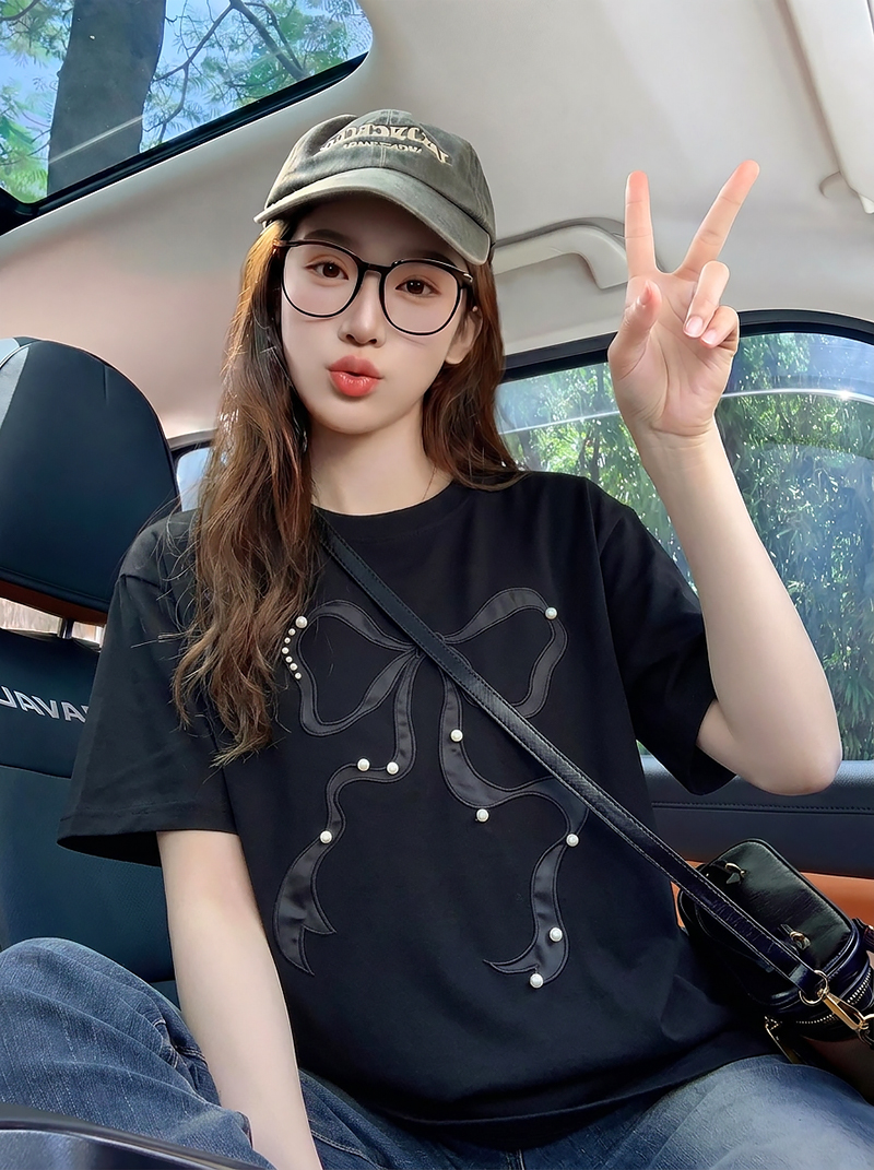 短袖t恤女装夏季新款宽松小香风手工串珠刺绣花圆领上衣 服裝批發女裝批發服飾貨源