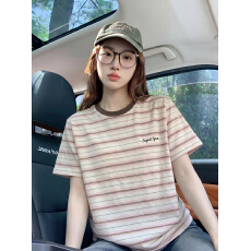 批发官图特价210克条纹短袖t恤女<b class='q'>装</b>夏季新款潮小香风字母刺绣圆领上衣