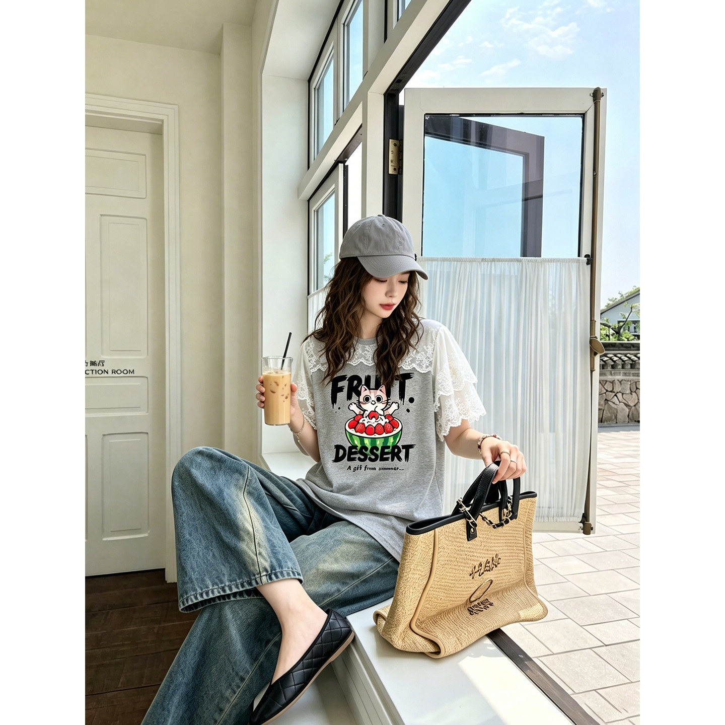 纯棉短袖t恤女装夏季宽松韩系甜美蕾丝拼接圆领上衣 服裝批發女裝批發服飾貨源
