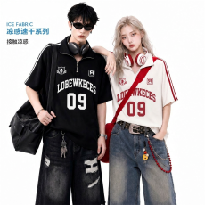 批发曼巴棉短袖t恤男女<b class='q'>情侣装</b>夏季新款条纹拉链宽松立领上衣