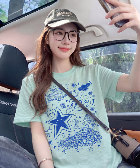 대나무 마디 면 반팔 티셔츠 여성 의류 여름 새로운 한 부서 디자인 센스 재미있는 프린트 라운드 넥 맨위